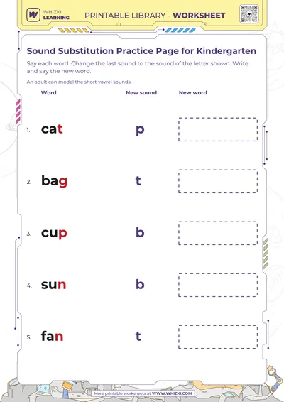 Sound Substitution Practice Page for Kindergarten