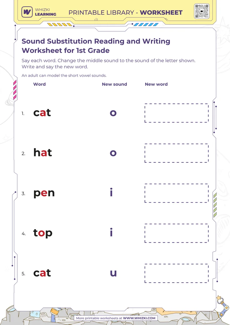 Sound Substitution Reading and Writing Worksheet for 1st Grade
