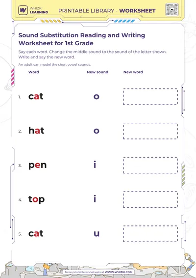 Sound Substitution Reading and Writing Worksheet for 1st Grade