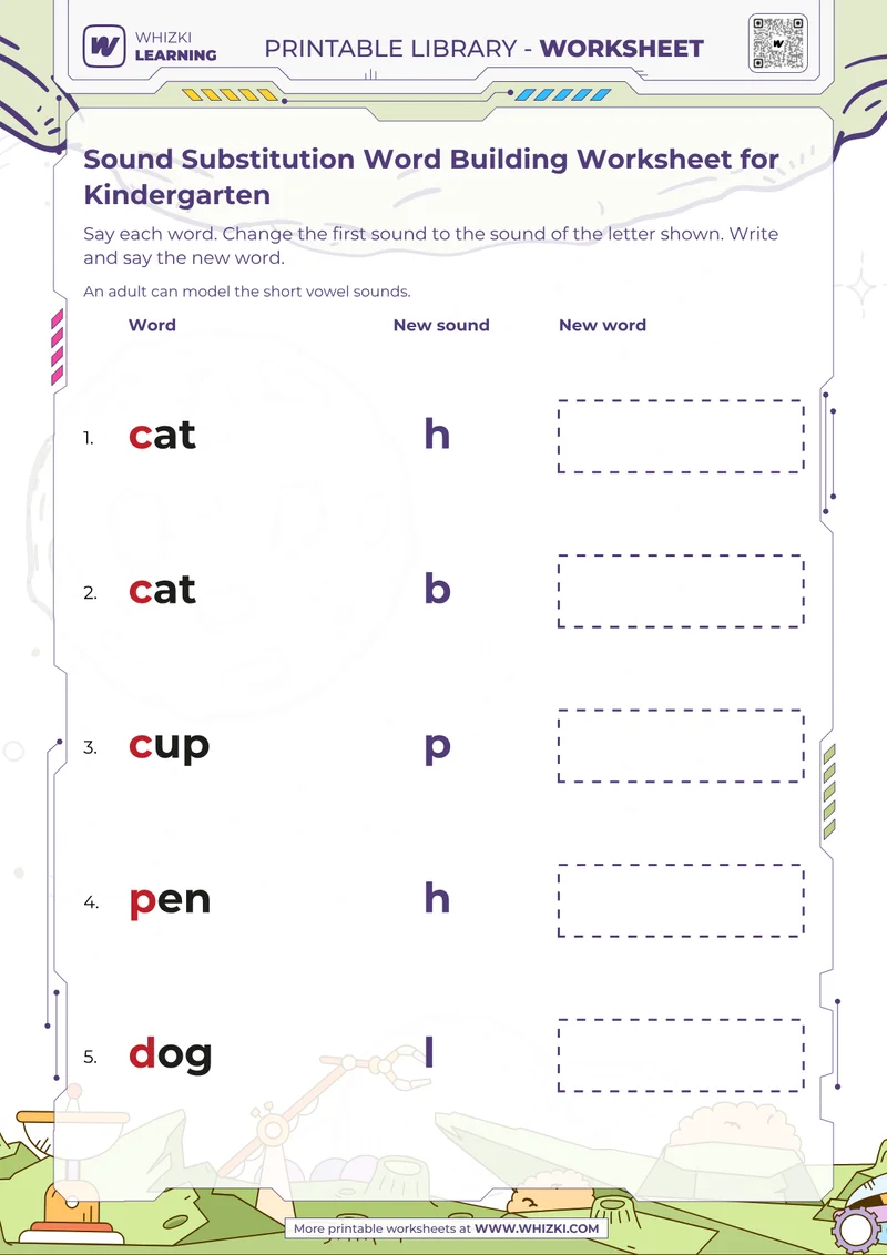 Sound Substitution Word Building Worksheet for Kindergarten