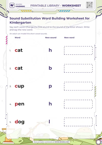 Sound Substitution Word Building Worksheet for Kindergarten
