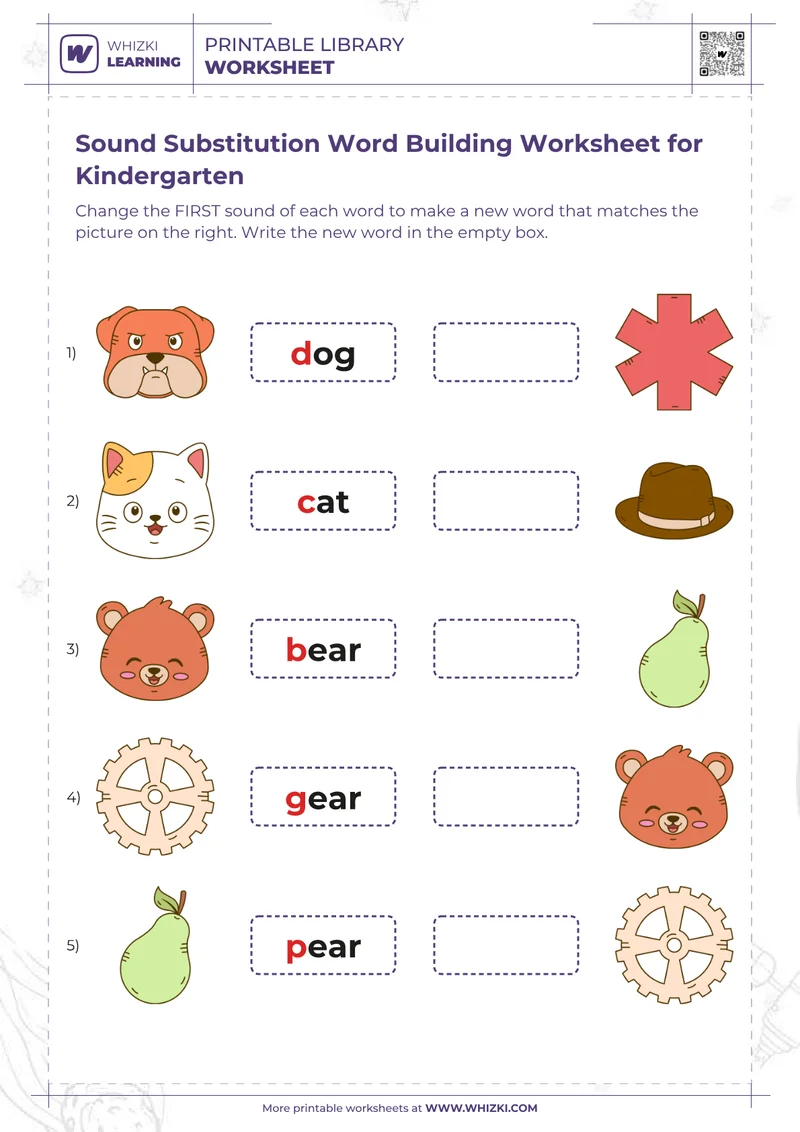 Sound Substitution Word Building Worksheet for Kindergarten