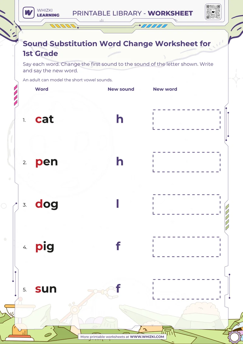 Sound Substitution Word Change Worksheet for 1st Grade