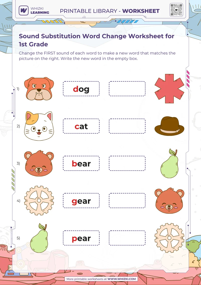 Sound Substitution Word Change Worksheet for 1st Grade