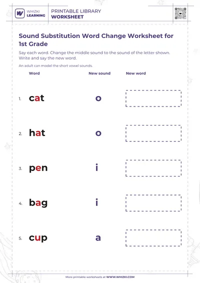 Sound Substitution Word Change Worksheet for 1st Grade
