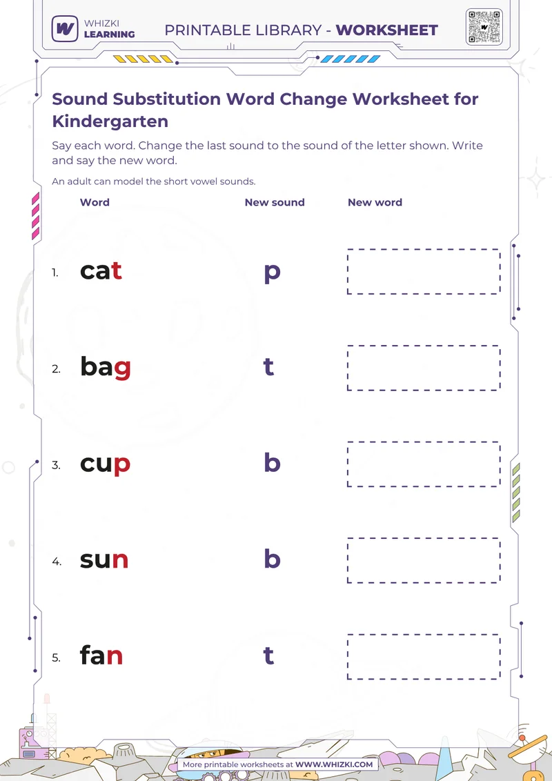 Sound Substitution Word Change Worksheet for Kindergarten