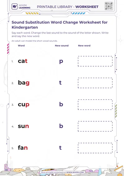 Sound Substitution Word Change Worksheet for Kindergarten