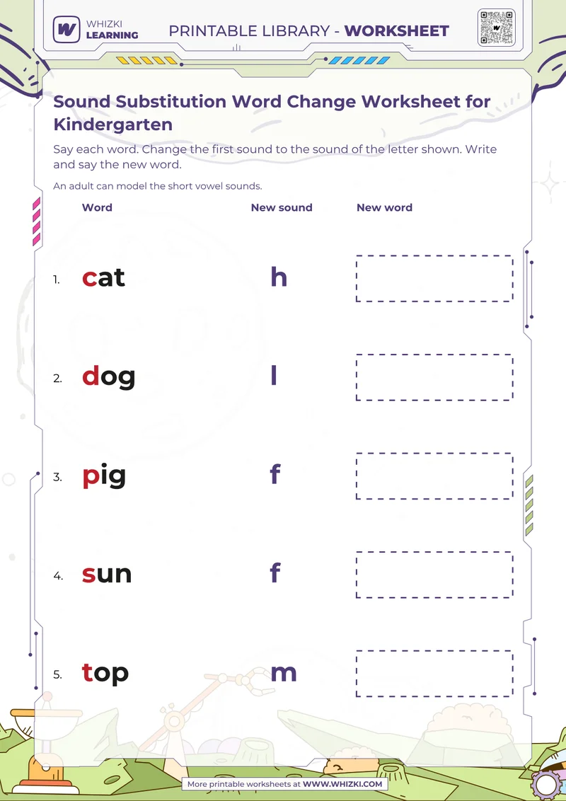 Sound Substitution Word Change Worksheet for Kindergarten