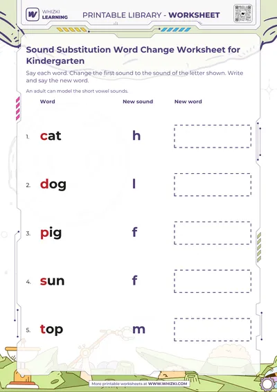 Sound Substitution Word Change Worksheet for Kindergarten