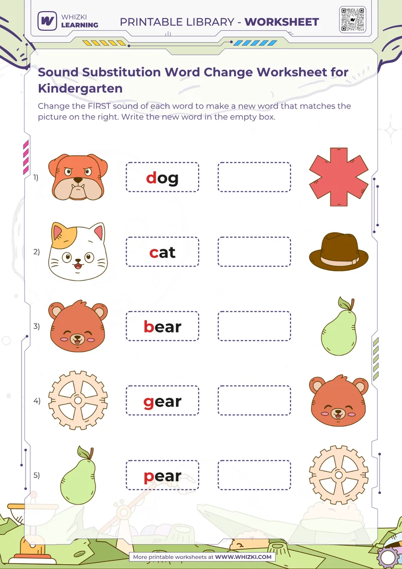 Sound Substitution Word Change Worksheet for Kindergarten
