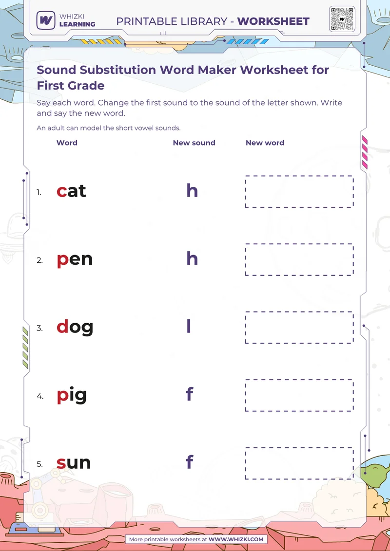 Sound Substitution Word Maker Worksheet for First Grade