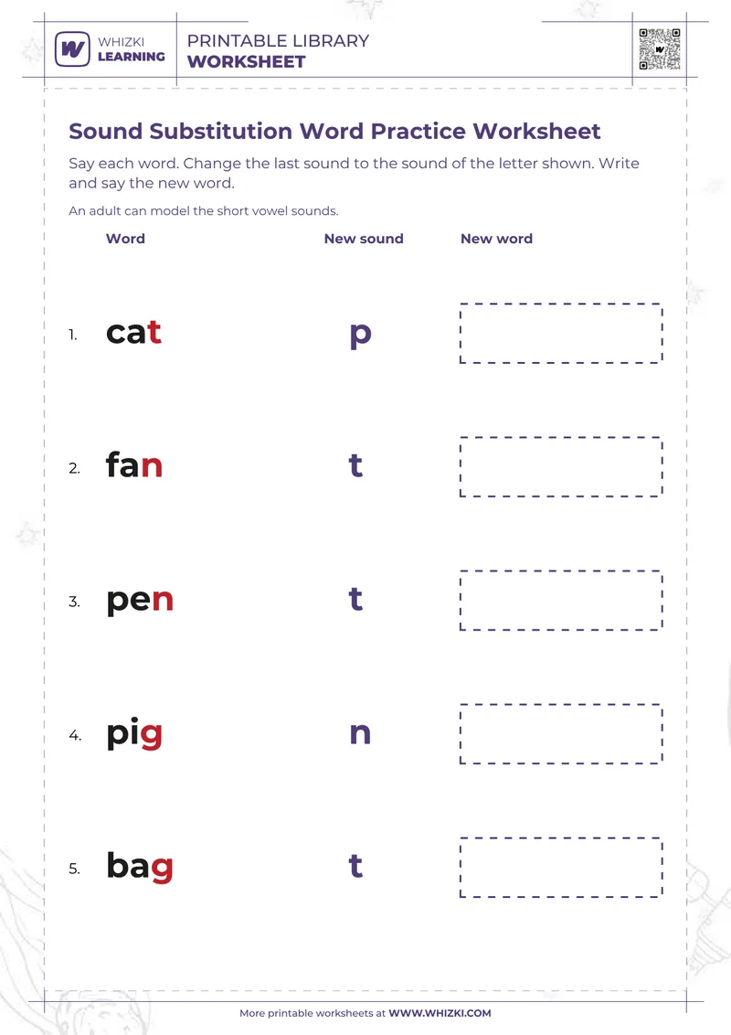 Sound Substitution Word Practice Worksheet