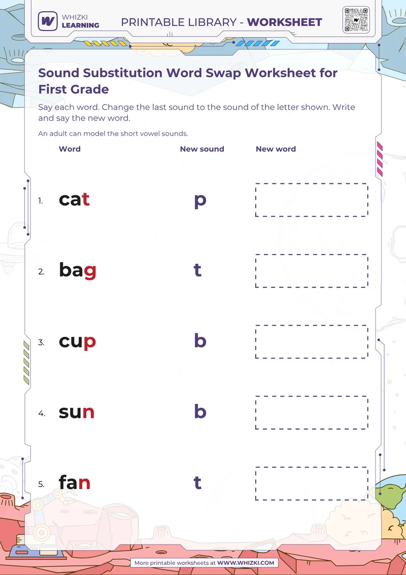 Sound Substitution Word Swap Worksheet for First Grade