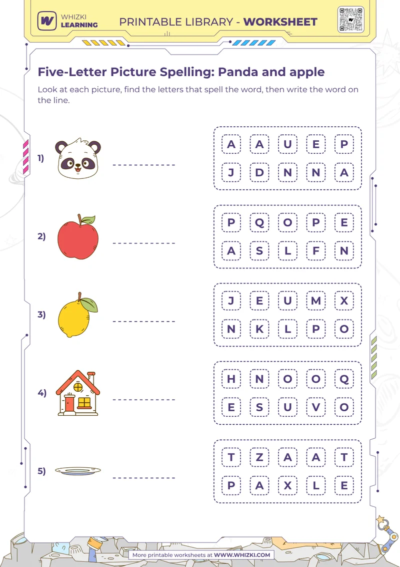Five-Letter Picture Spelling: Panda and apple