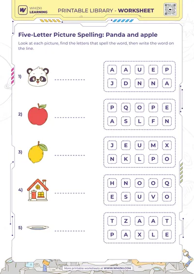 Five-Letter Picture Spelling: Panda and apple