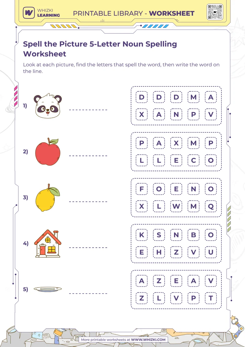 Spell the Picture 5-Letter Noun Spelling Worksheet