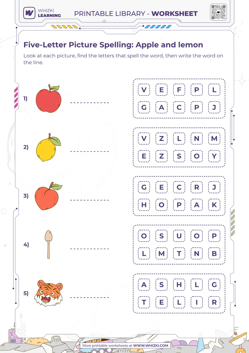 Five-Letter Picture Spelling: Apple and lemon