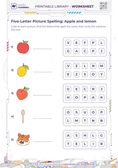Five-Letter Picture Spelling: Apple and lemon