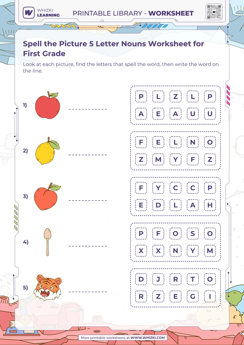 Spell the Picture 5 Letter Nouns Worksheet for First Grade