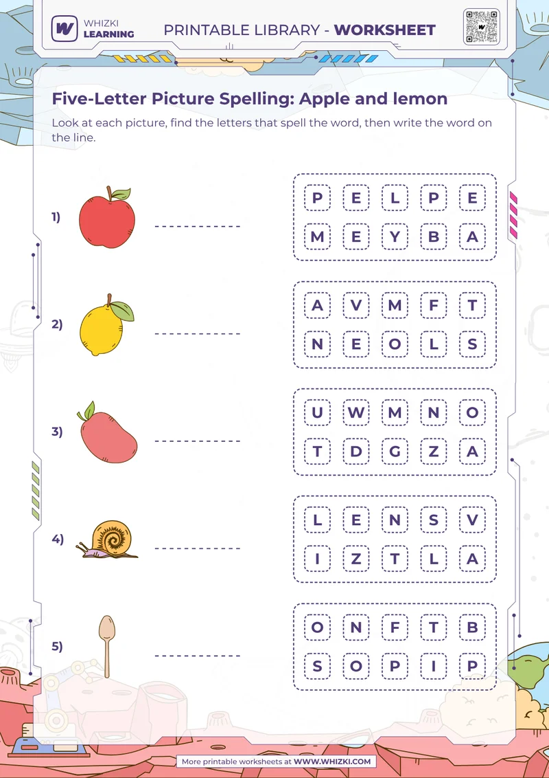 Five-Letter Picture Spelling: Apple and lemon