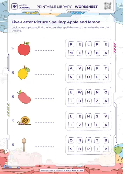 Five-Letter Picture Spelling: Apple and lemon