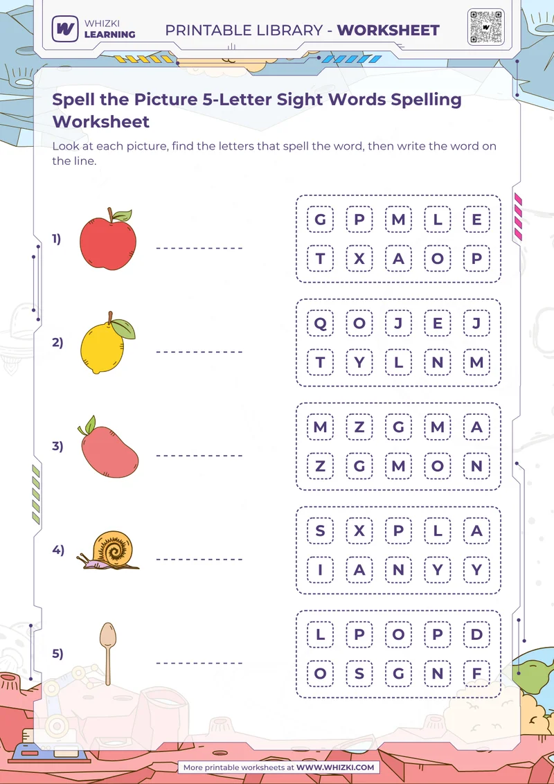 Spell the Picture 5-Letter Sight Words Spelling Worksheet