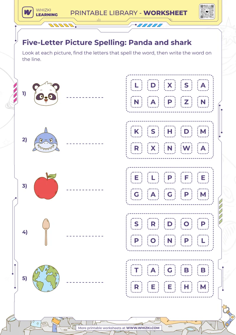 Five-Letter Picture Spelling: Panda and shark