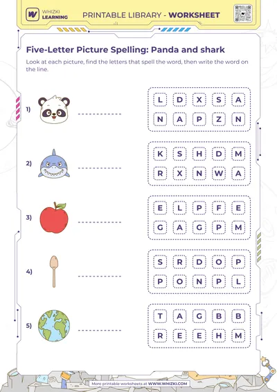 Five-Letter Picture Spelling: Panda and shark