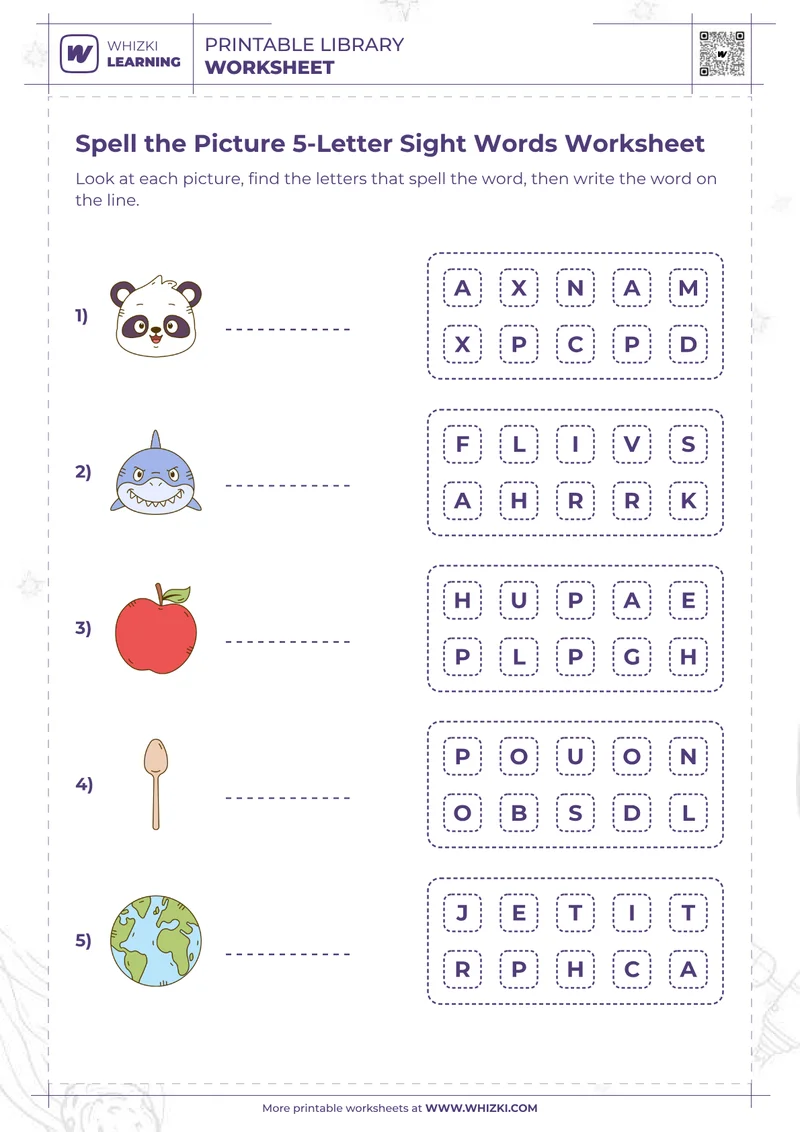 Spell the Picture 5-Letter Sight Words Worksheet