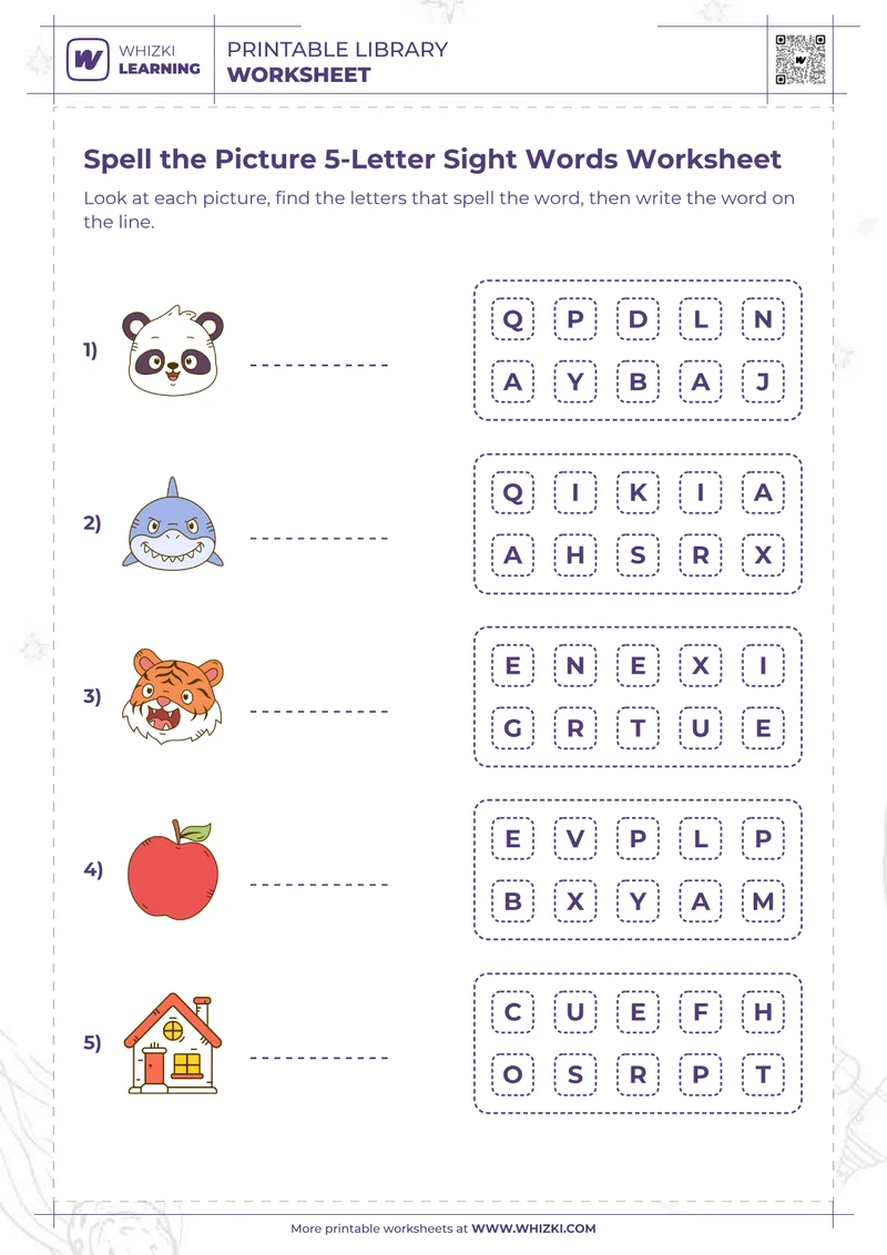 Spell the Picture 5-Letter Sight Words Worksheet