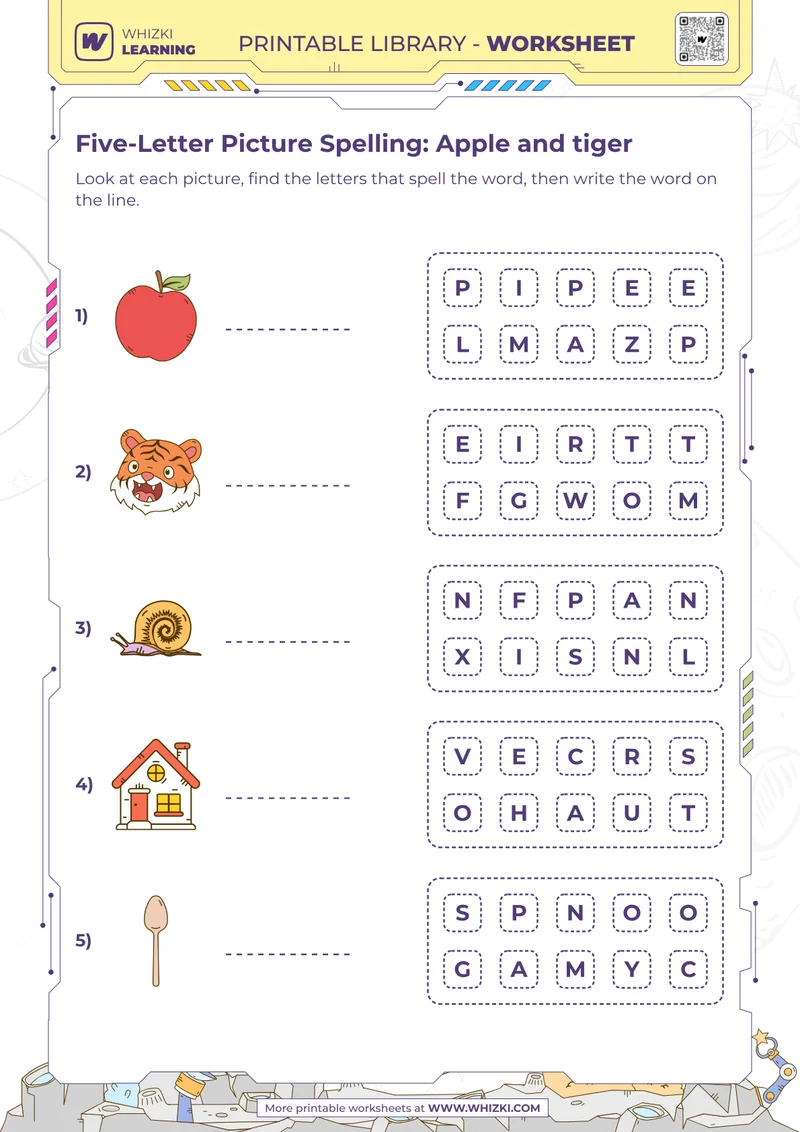 Five-Letter Picture Spelling: Apple and tiger