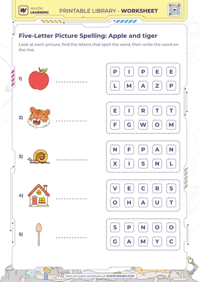 Five-Letter Picture Spelling: Apple and tiger