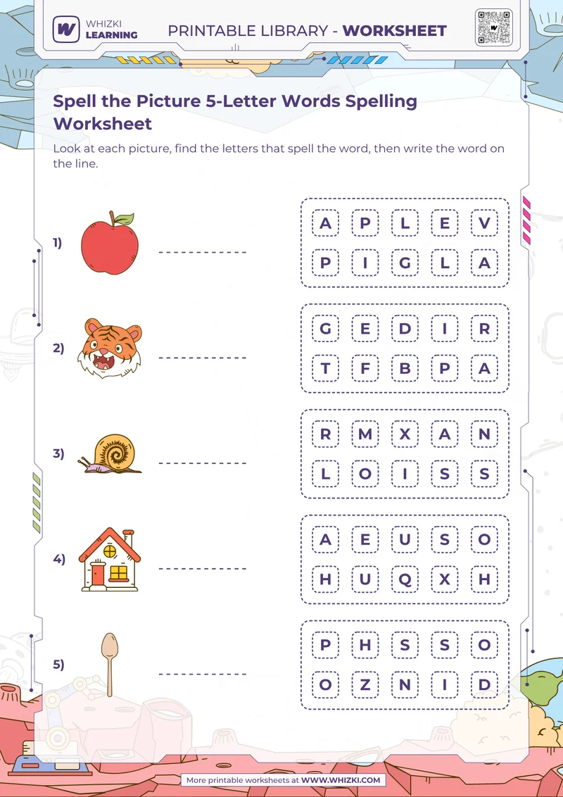 Spell the Picture 5-Letter Words Spelling Worksheet