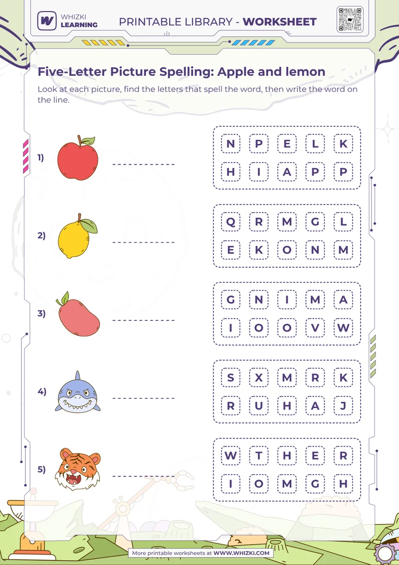 Five-Letter Picture Spelling: Apple and lemon