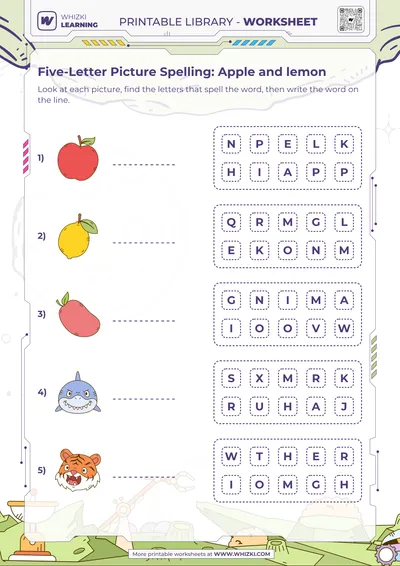 Five-Letter Picture Spelling: Apple and lemon