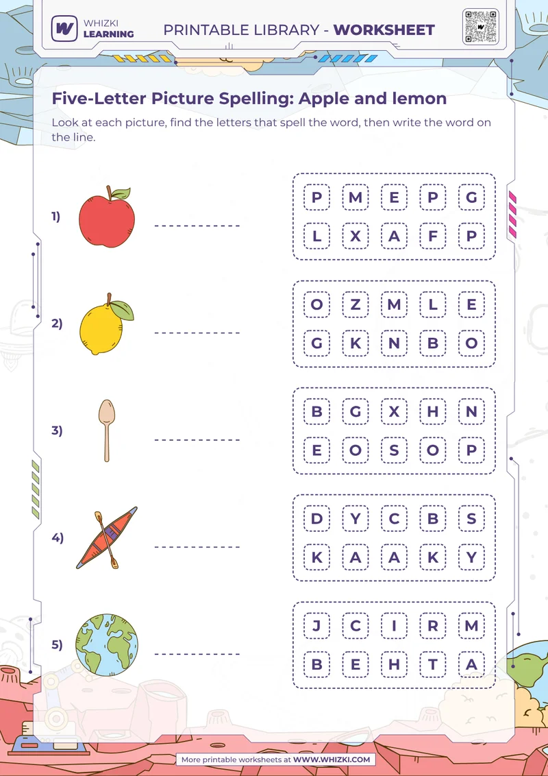 Five-Letter Picture Spelling: Apple and lemon