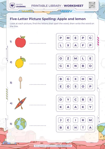 Five-Letter Picture Spelling: Apple and lemon
