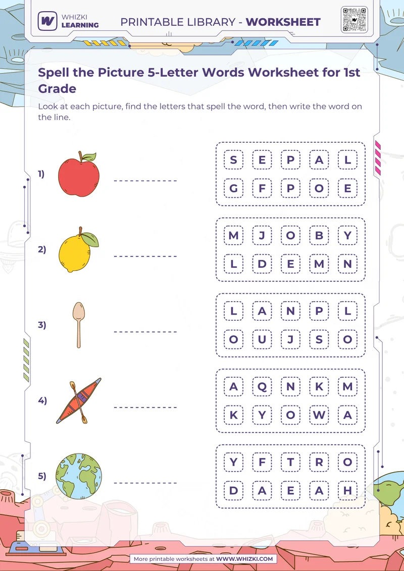 Spell the Picture 5-Letter Words Worksheet for 1st Grade