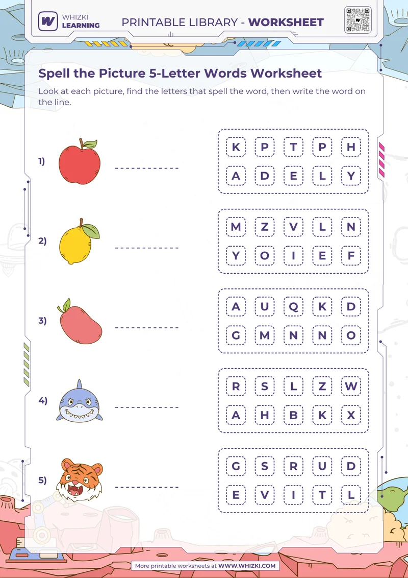 Spell the Picture 5-Letter Words Worksheet