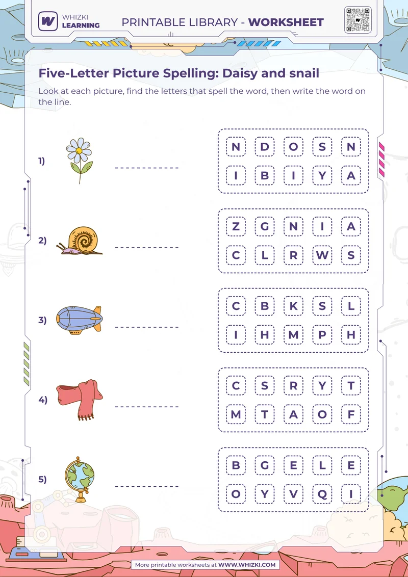 Five-Letter Picture Spelling: Daisy and snail
