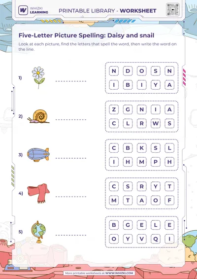 Five-Letter Picture Spelling: Daisy and snail