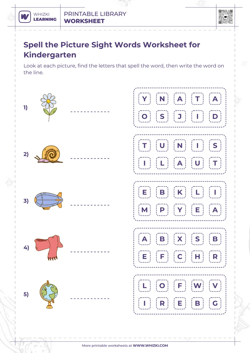 Spell the Picture Sight Words Worksheet for Kindergarten
