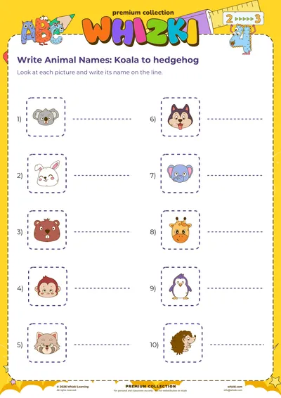 Write Animal Names: Koala to hedgehog