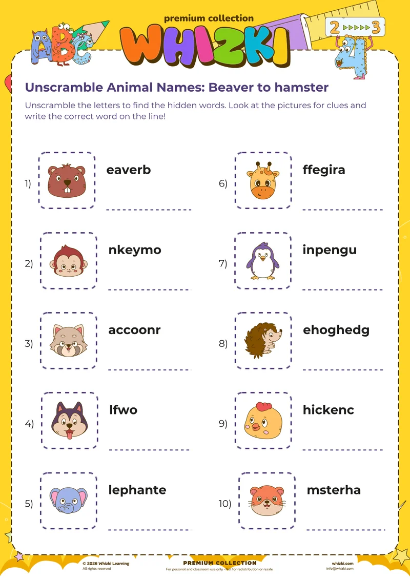 Unscramble Animal Names: Beaver to hamster