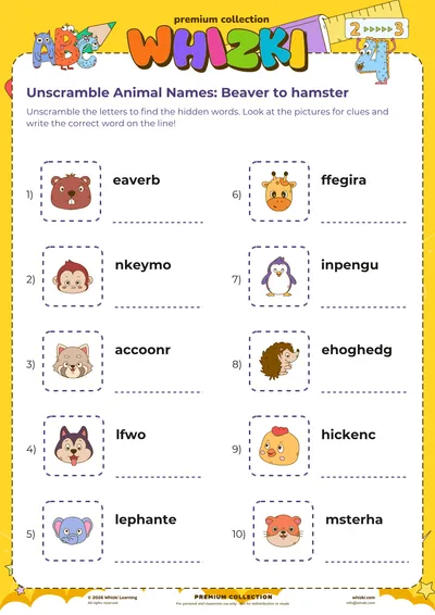 Unscramble Animal Names: Beaver to hamster
