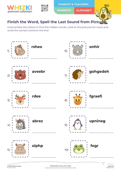 Finish the Word, Spell the Last Sound from Pictures