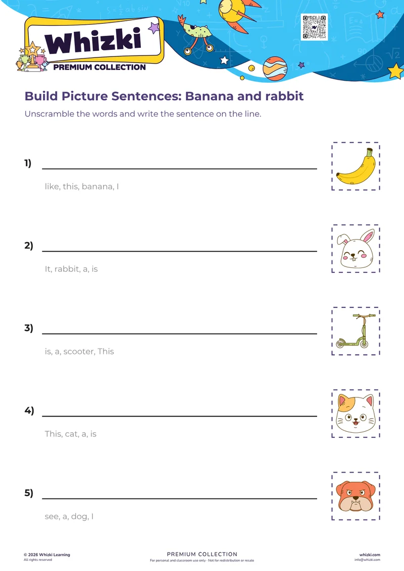 Build Picture Sentences: Banana and rabbit