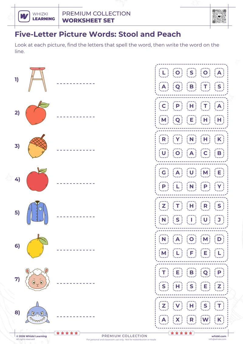 Five-Letter Picture Words: Stool and Peach
