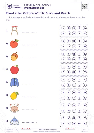 Five-Letter Picture Words: Stool and Peach
