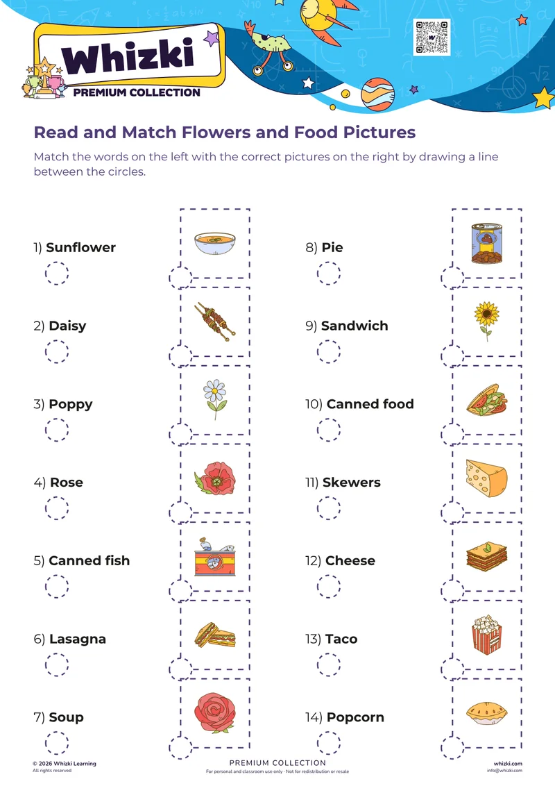 Read and Match Flowers and Food Pictures
